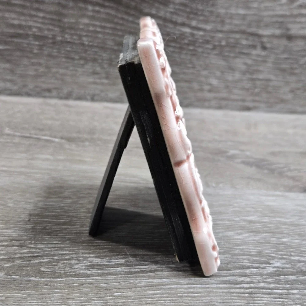 Vintage Miniature Ceramic Picture Frame Pink Crackle Glaze Floral Shabby Chic 4